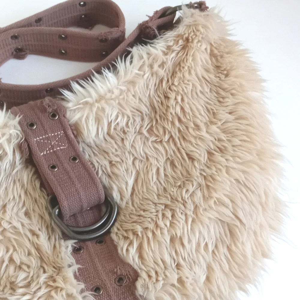 Vintage Faux Fur Burning Man Purse / Hobo Bag Thick Canvas Straps Brass Hardware